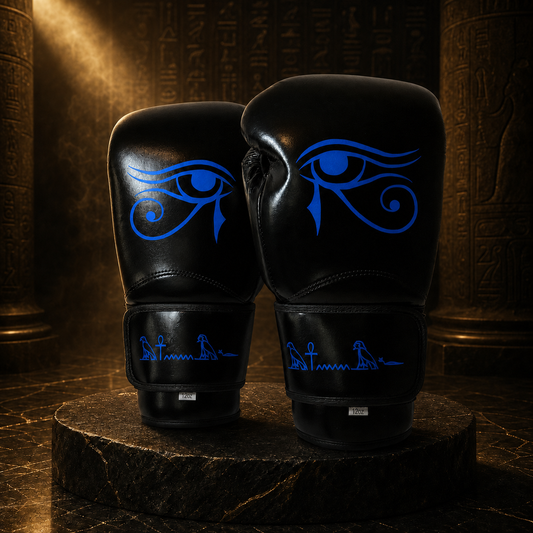 Expert Big-Logo Handschuhe in Anubis-Blau vor dunkler Tempelarchitektur