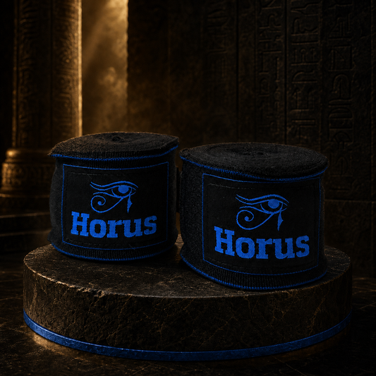 Horus World Bandagen in Anubis-Blau auf schwarzem Basaltsockel