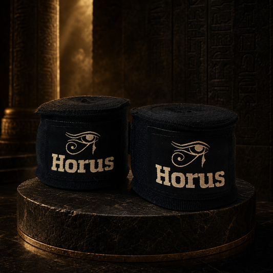 Horus World Bandagen in Gold auf schwarzem Basaltsockel
