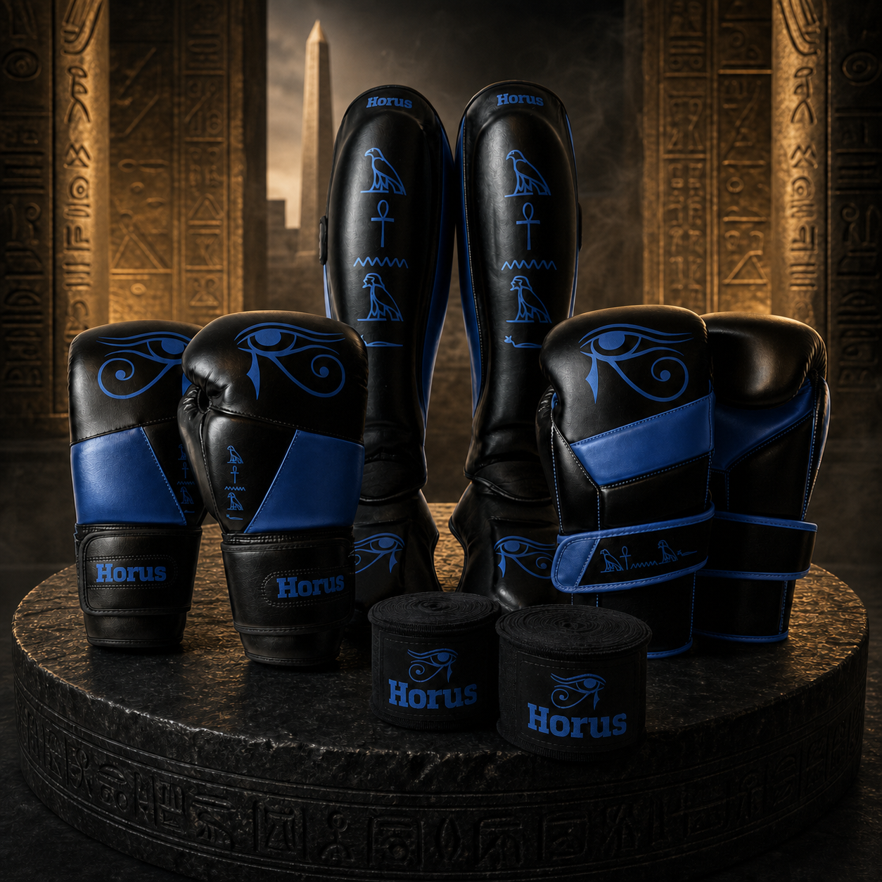 Collector Pharao Bundle in Anubis-Blau mit Handschuhen, Schienbeinschonern und Bandagen