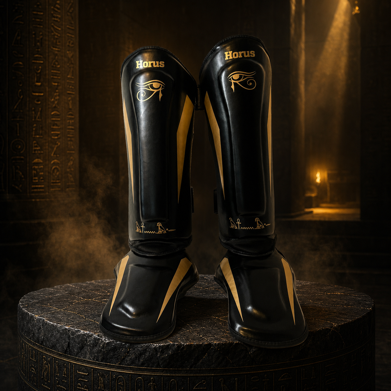 Expert Shinguard in Gold vor dunkler ägyptischer Tempelarchitektur