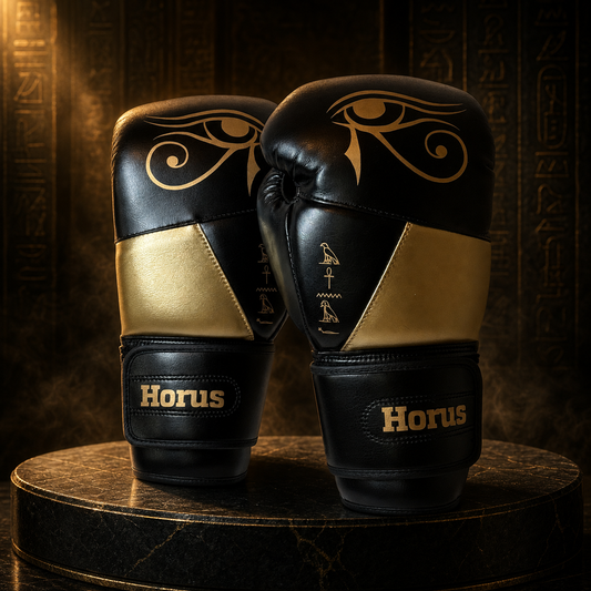 Pharao Handschuhe in Gold auf schwarzem Basaltsockel